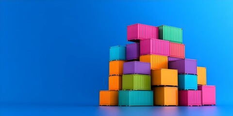 Fototapeta premium A colorful arrangement of stacked containers in bright hues against a blue background. Concept Colorful Stacking, Bright Container Arrangement, Vibrant Background, Artistic Composition