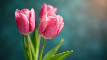 Naklejka premium A trio of delicate pink tulips, bathed in soft light, stands gracefully against a blurred teal backdrop, showcasing the vibrant beauty and elegance of spring blooms.