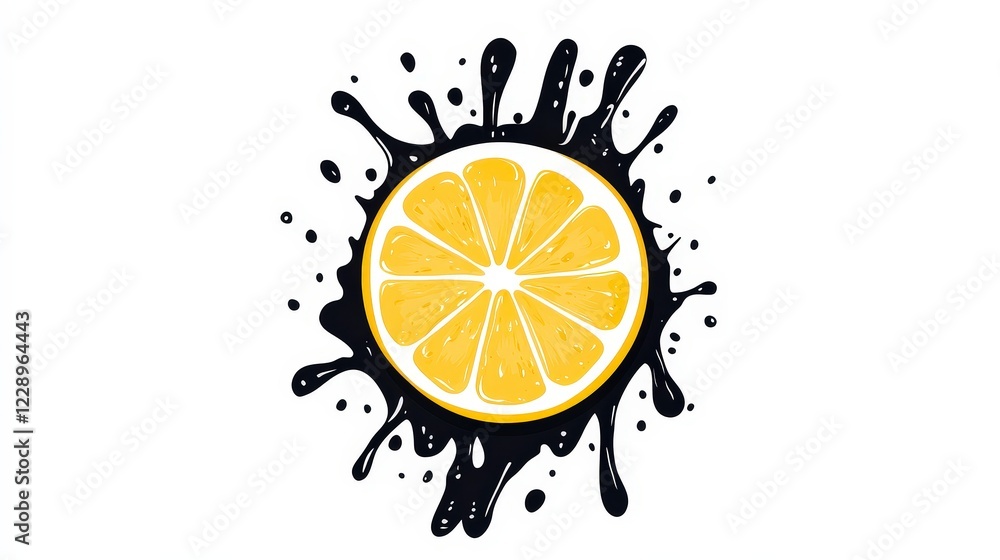 Aufkleber fresh lemon slice with dynamic splash design on white background