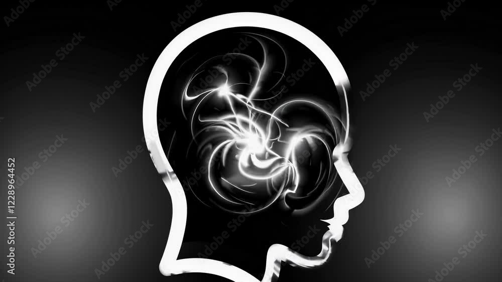 Fototapete an abstract head silhouette filled with dynamic swirling light and soft motion of particles, symboli