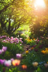 Fototapeta premium Spring Garden Path with Colorful Tulips