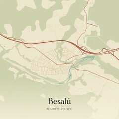 Retro Spanish map of Besal�, Catalu�a. Vintage street map.