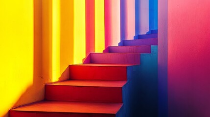 Obraz premium A striking image of a staircase with vivid colors and geometric patterns, showcasing modern design and dynamic lighting.