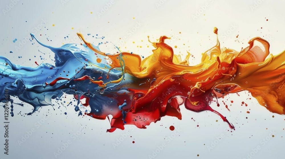 Poster colorful splashes of blue, orange, and red paint dynamically converging in an abstract composition, 