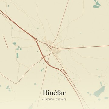 Retro Spanish map of Bin�far, Arag�n. Vintage street map.