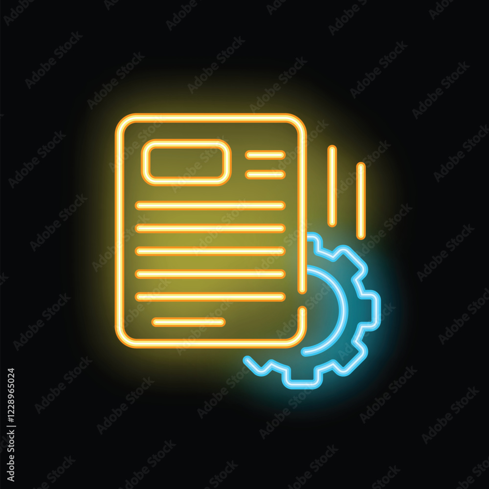 Poster neon icon of a document being processed with a gear representing workflow automation, perfect for te