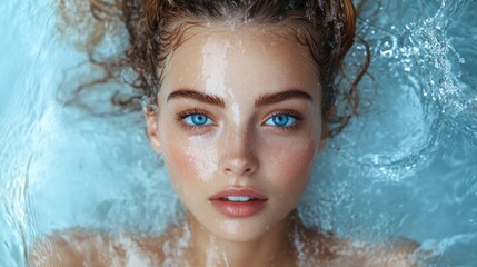 Woman with blue eyes submerged in water.
