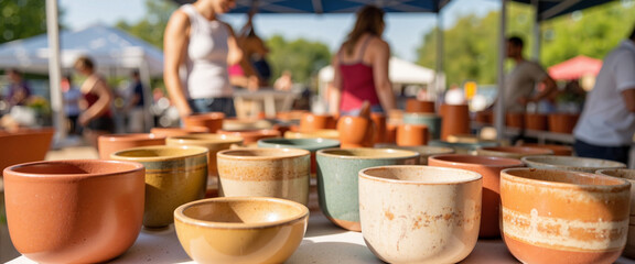 Fototapeta premium Handmade pottery on display at community market, artisan craftsmanship