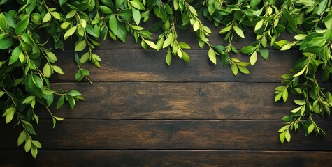 Obraz premium Lush green leaves border on dark brown wood.