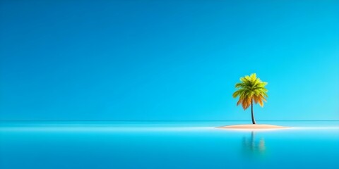 Obraz premium A solitary palm tree on a small sandy island surrounded by calm, clear blue water and a bright blue sky. Concept Tropical Paradise, Solitary Palm Tree, Sandy Island, Calm Blue Waters, Clear Blue Sky