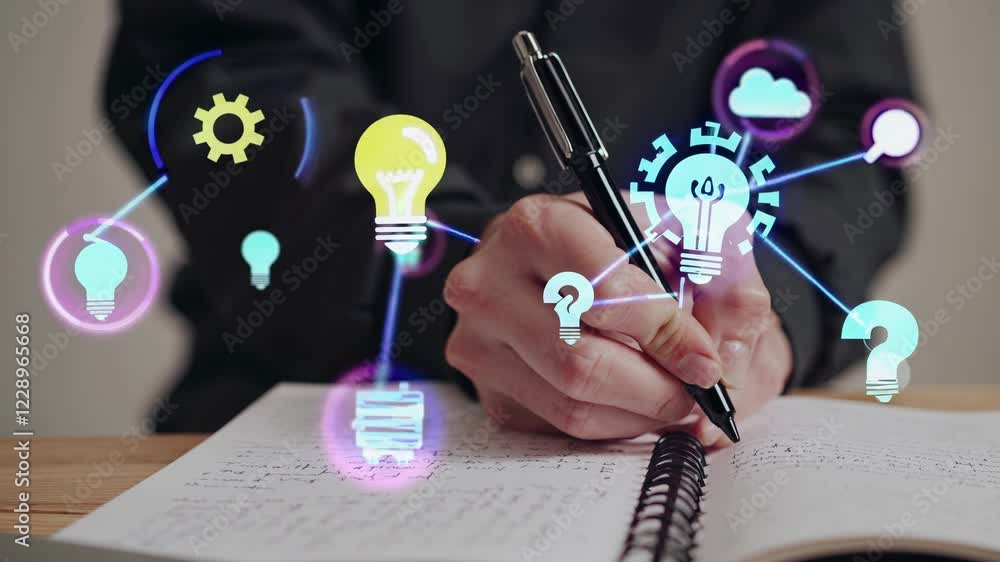 Aufkleber A person writing in a notebook with a soft focus on their hand, while abstract floating graphics of thoughts and symbols appear above.
