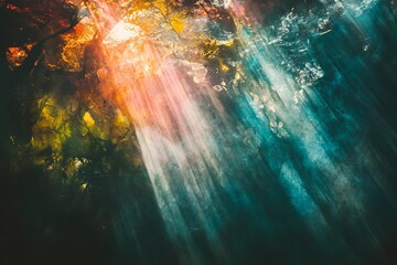 Fototapeta premium Sunlight beams through a vibrant underwater cave, illuminating colorful algae and clear water.