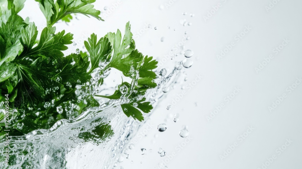Poster fresh parsley sprigs dipped in water with splashes and bubbles creating a clean and refreshing scene