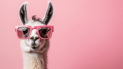 Fototapeta premium Cool llama wearing pink sunglasses against pink background.