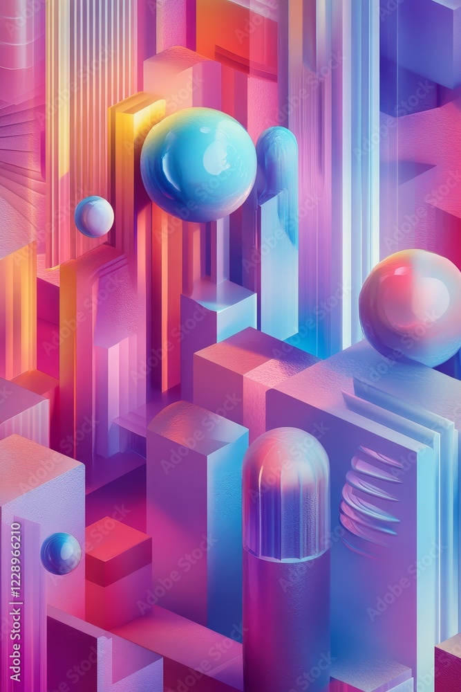 Poster a colorful cityscape with many different colored spheres and cubes. the image is abstract and has a 
