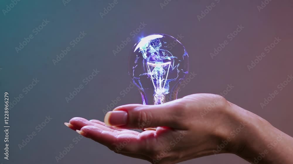Aufkleber a hand holding a holographic lightbulb surrounded by swirling energy, symbolizing a breakthrough ide