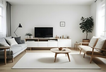 Modern living room with neutral colors, wooden furniture, and minimalist cozy decor, AI generated