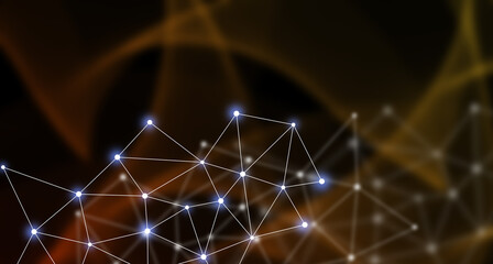 Technology background concept, Abstract connected line dots network on bright polygon Blue, Orange blurred background.