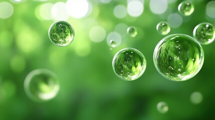 Green bubbles floating on blurred green background, evoking freshness and environmental themes. Perfect for eco-friendly, sustainability, and natural concepts.