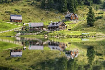 Fahrlechhütte and Duisitzkarseehütte at the Lake Duisitzkarsee, Schladminger Tauern, federal...
