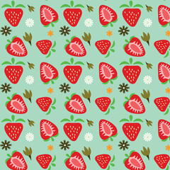 Seamless pattern with strawberries and flowers on a green background.