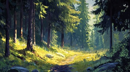 Obraz premium Sunlit path through a lush evergreen forest.