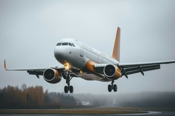Obraz premium Taking-off aircraft, twin-engine, at the airport in bad weather in the rain, wet runway, runway, AI generated
