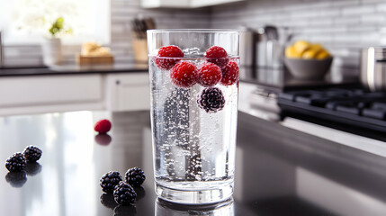 A glass of berry-infused sparkling water with fresh berries floating, placed on a sleek modern countertop