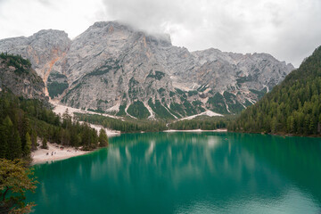 Lago di Braies with Reflections of the Dolomites in Italy

