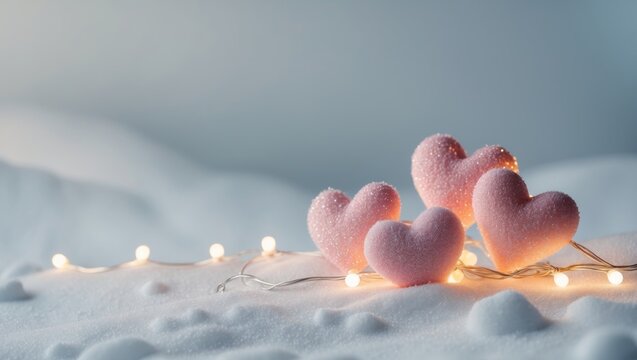 Festive Pink Hearts and Glowing Lights on Snowy Surface Winter Holiday Decoration