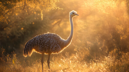 Majestic Ostrich in Sunlit Savanna: A Glimpse of Nature's Grandeur and Wildlife Beauty in the Wild