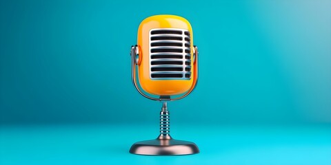 A vintage-style microphone in vibrant yellow, mounted on a silver stand against a bright turquoise background. Concept Vintage Microphone, Vibrant Yellow, Silver Stand, Bright Turquoise Background