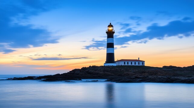 Silhouette of a lighthouse at sunset on a rocky coast with calm water. Symbol of guidance and coastal life.