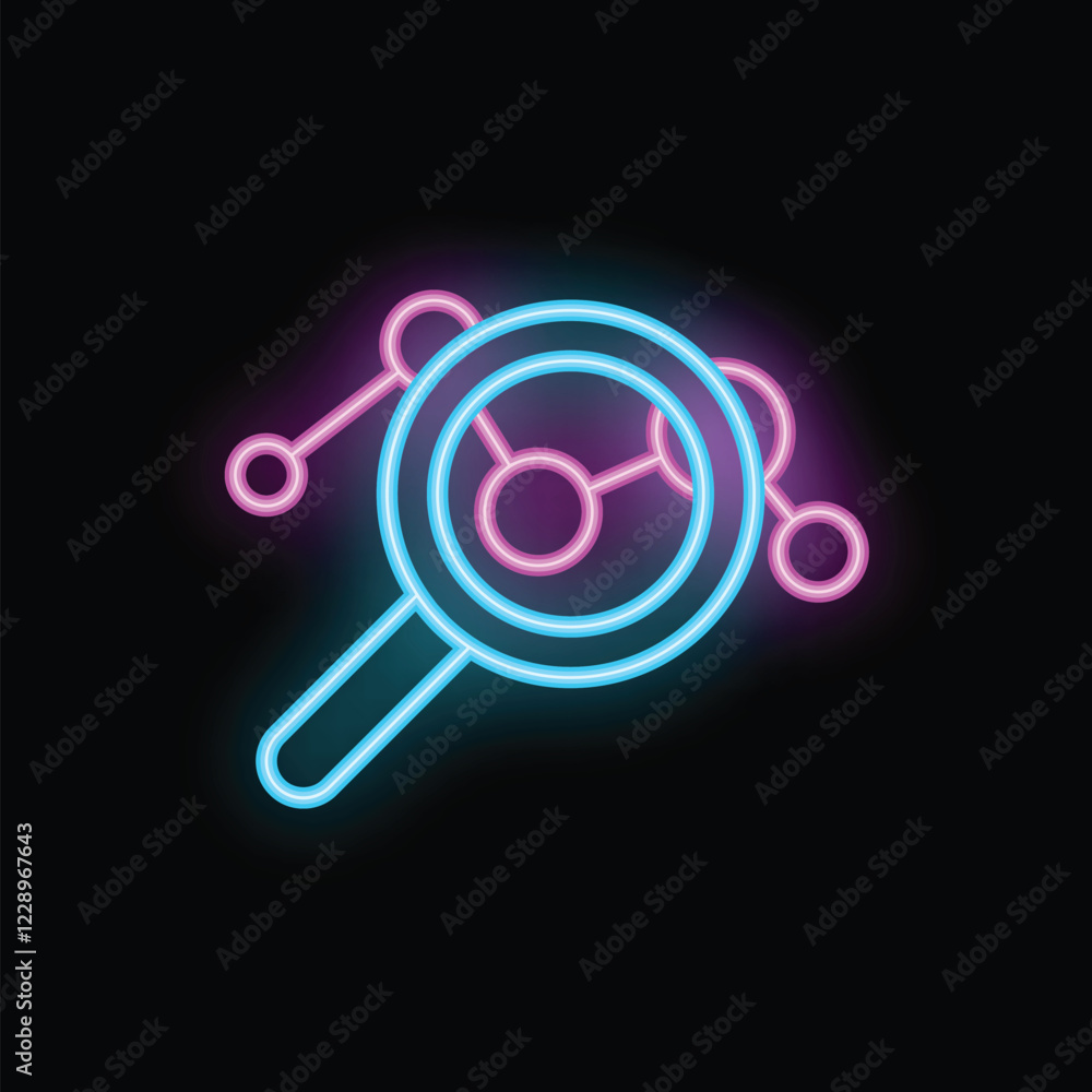 Poster neon magnifying glass is hovering over a network of interconnected nodes, symbolizing the exploratio