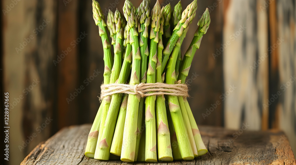 Poster a group of fresh asparagus stalks tied neatly with a string, placed on a rustic wooden surface