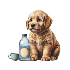 Fototapeta premium Golden Retriever Puppy Sitting Next to Vintage Glass Bottle and Coffee Cup