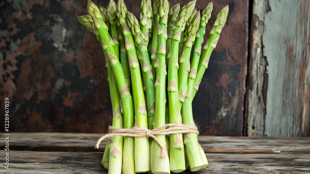 Poster a group of fresh asparagus stalks tied neatly with a string, placed on a rustic wooden surface