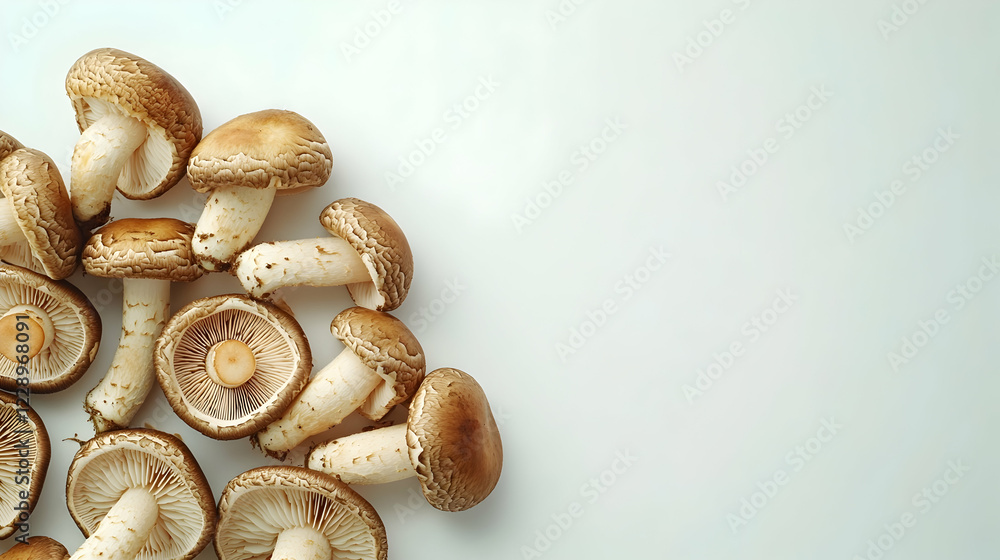 Poster a group of fresh shiitake mushrooms arranged in a decorative pattern on a clean white background