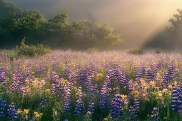 Naklejka premium A Misty Meadow of Vivid Flowers