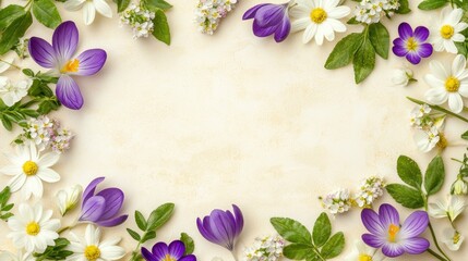 Spring flowers frame on beige background.