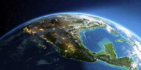 Highly detailed Earth with atmosphere, exaggerated relief and light-flooded cities. Transition from night to day. North America. Mexico. 3D rendering. Elements of this image furnished by NASA