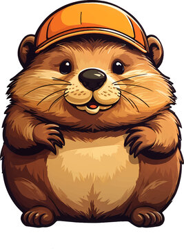 Cute clip art illustration of a cartoon beaver/otter wearing an orange cap smiles cheerfully bober