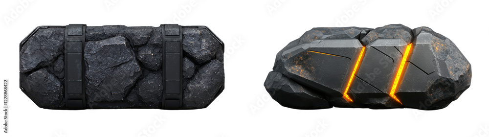 Poster a pair of rugged, stone-like objects with intricate textures and glowing fissures, showcasing a blen