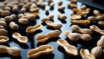 Open peanut shells arranged on a glossy surface.