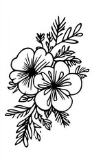 Fototapeta premium Outline of two blooming flowers with leaves and decorative elements