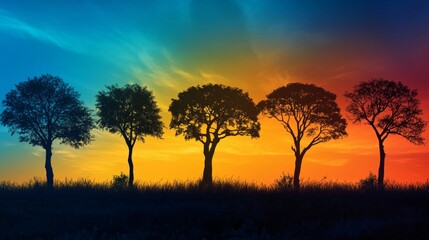 Fototapeta premium A captivating silhouette of five trees stands against a vibrant sunset sky, showcasing a beautiful gradient of colors. Ideal for nature-themed projects.