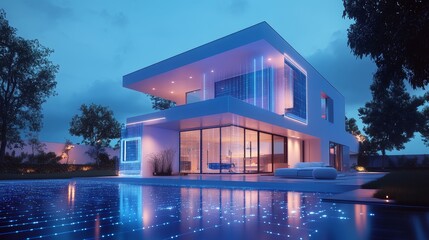 Fototapeta premium A stunning modern house featuring a bright pool and LED lights at dusk. The sleek design and vibrant colors enhance the tranquil outdoor ambiance, perfect for relaxation.