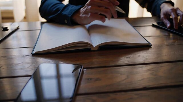 A peaceful moment of a person reviewing documents on a tablet, with a smartphone and open notebook placed neatly on the desk.

