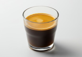 A glass cup filled with dark rich espresso topped with a layer of golden crema isolated on a white background