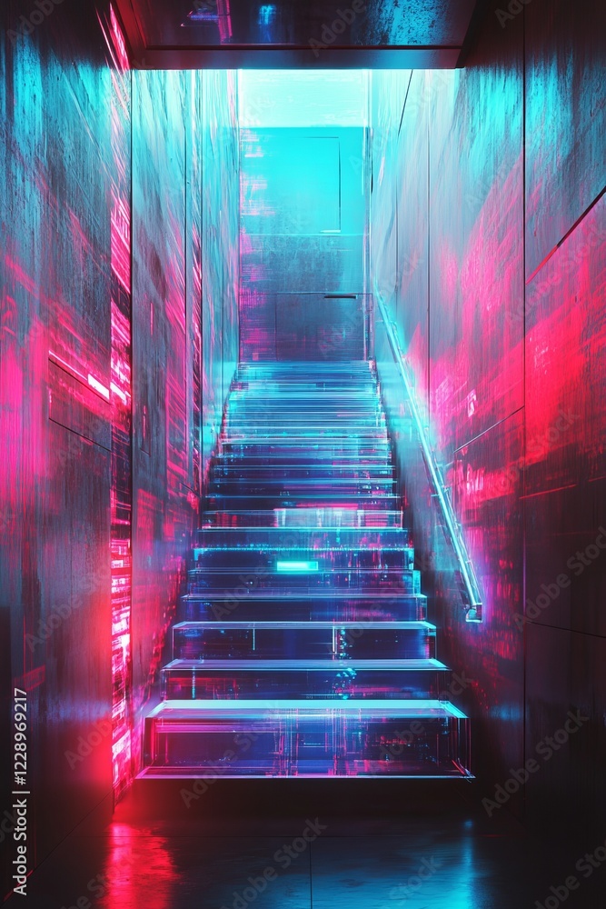 Poster a captivating image of a staircase illuminated by neon lights, creating a futuristic ambiance with v